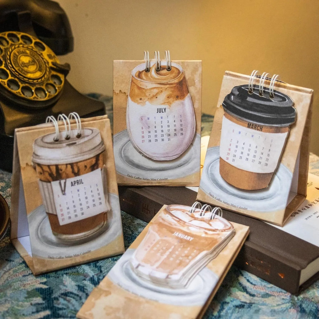 Coffee-themed mini desk calendar for 2025 with motivational designs for compact organisation