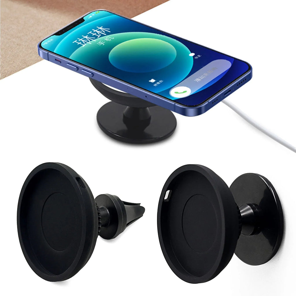 Black magnetic car phone holder showing vent mount and base mount options
