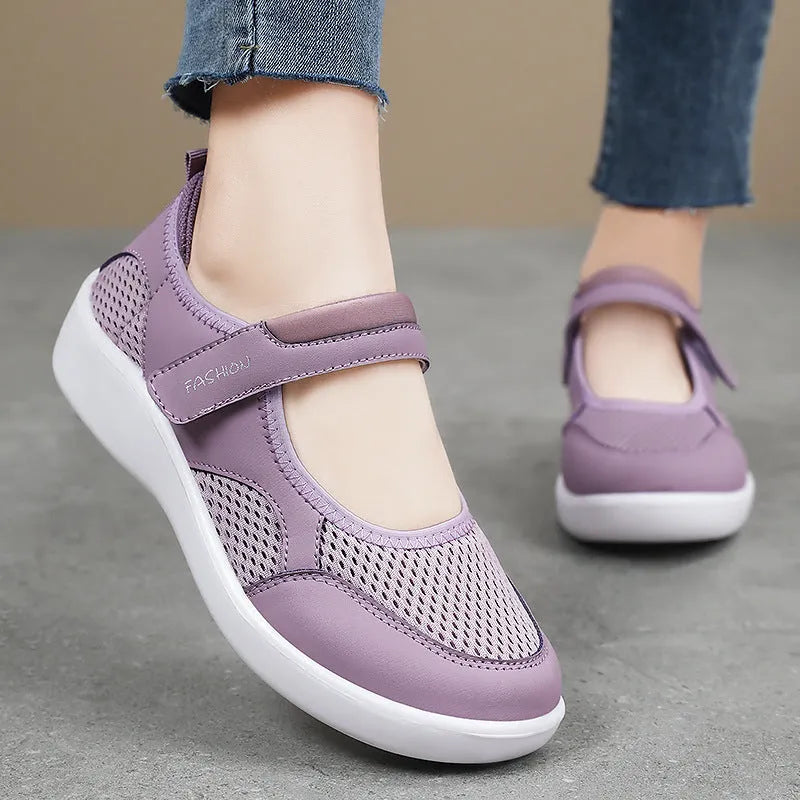 Women's low-top casual shoes in mesh with velcro strap, shown in multiple colour options