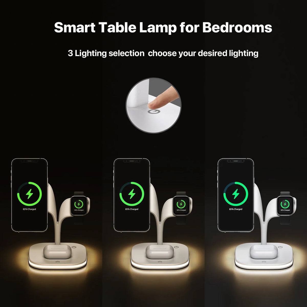 Black desktop wireless charging stand showing phone, watch and headphone charging simultaneously