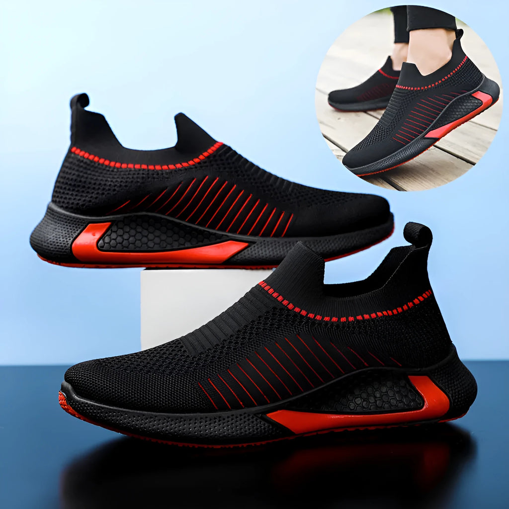 Men's mesh sock sneakers with striped design and lace-up front closure