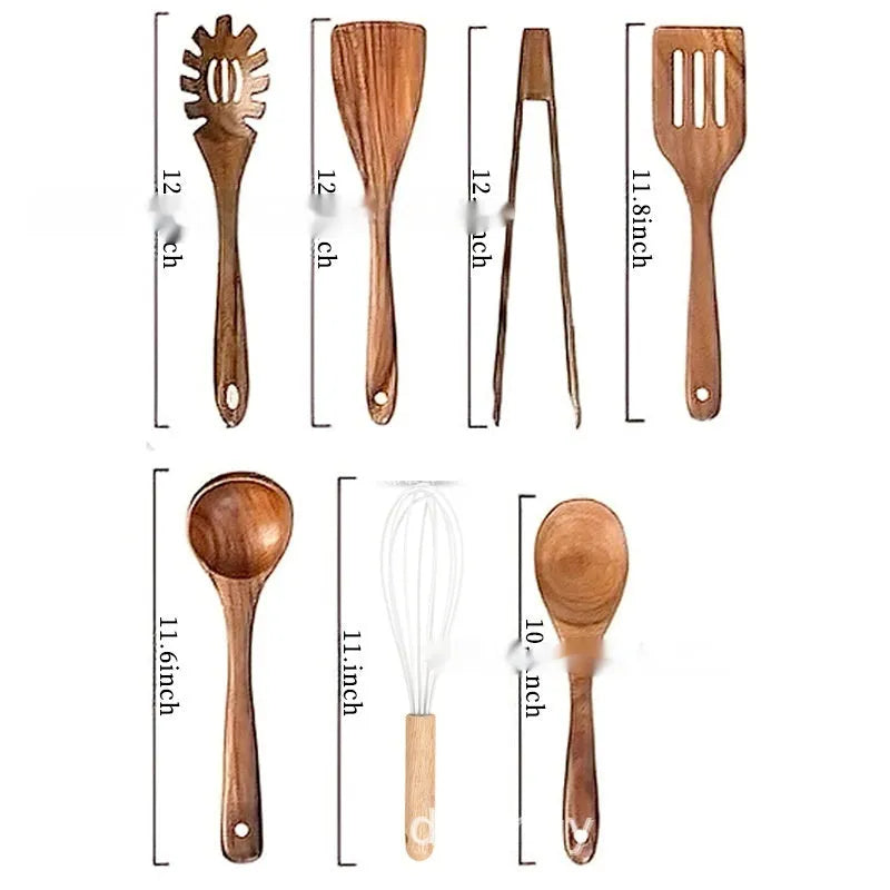 Wooden kitchen utensil set with seven pieces including spoons and spatulas in natural wood finish