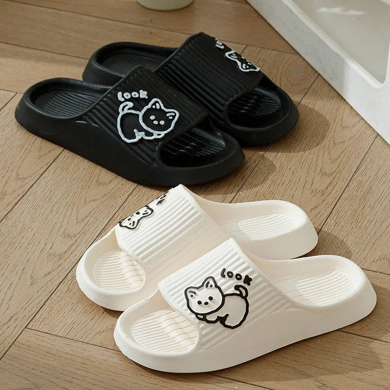 Cat-themed flip-flop slippers with thick EVA platform sole in seven colour options