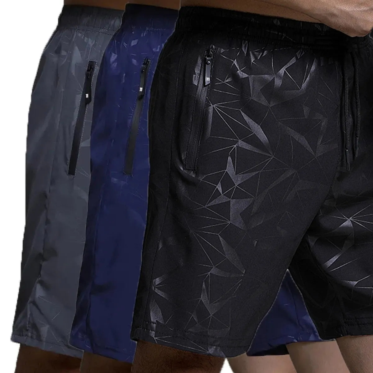 Men's loose fit sports shorts in polyester fabric with elastic waistband available in black, grey, and blue colours
