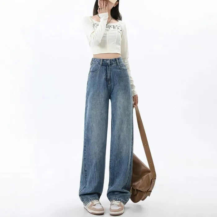Retro blue women's wide leg jeans with high waist design on hanger