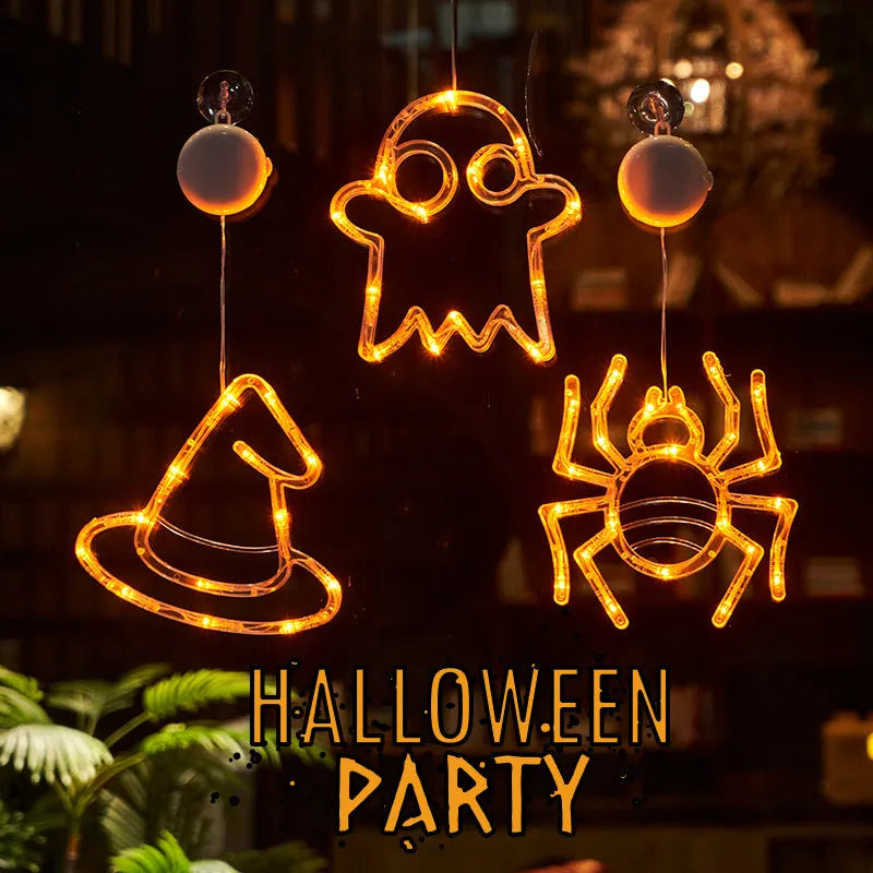 Halloween window hanging LED lights with spider and pumpkin decorations creating horror atmosphere lighting