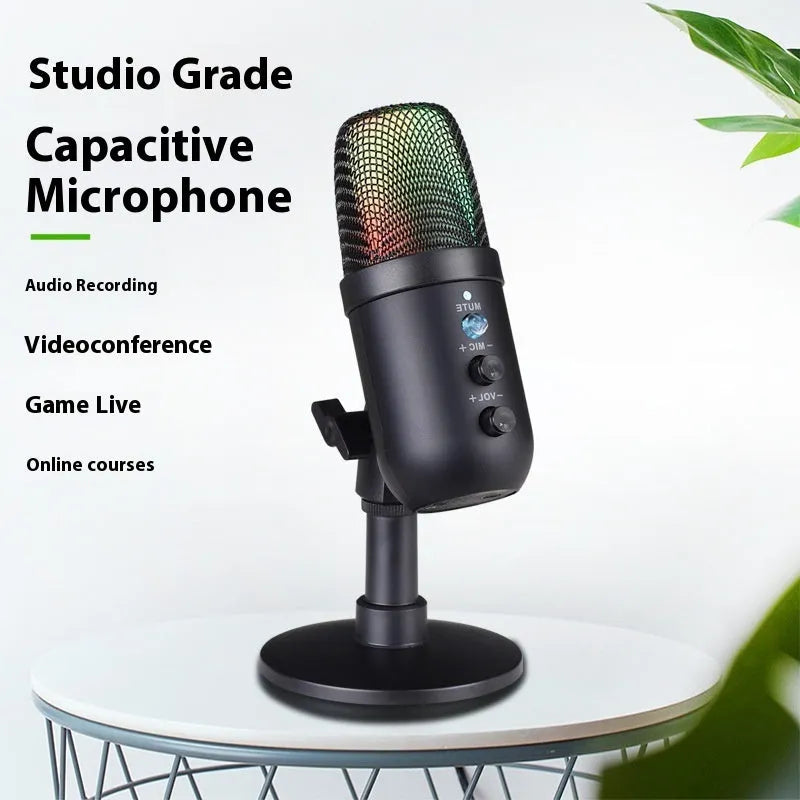Black USB microphone with RGB lighting for computer and mobile streaming, gaming, and recording