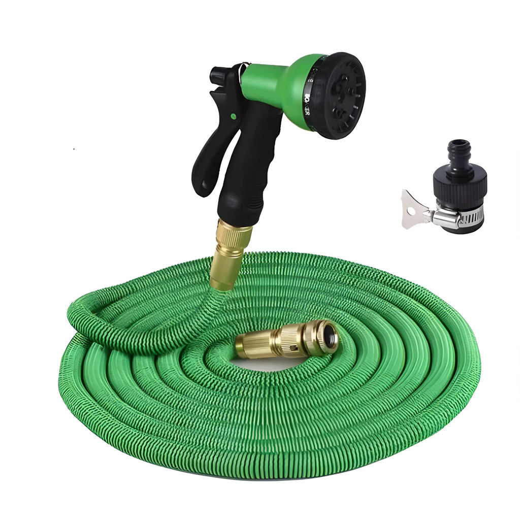 Expandable flexible water hose with braided outer sleeve, available in 25ft to 125ft sizes and Black Green Red colours.