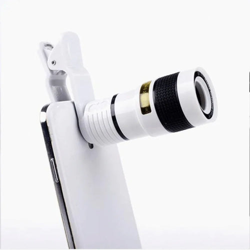 12X magnification black phone telescope lens with adjustable mounting clip on a smartphone