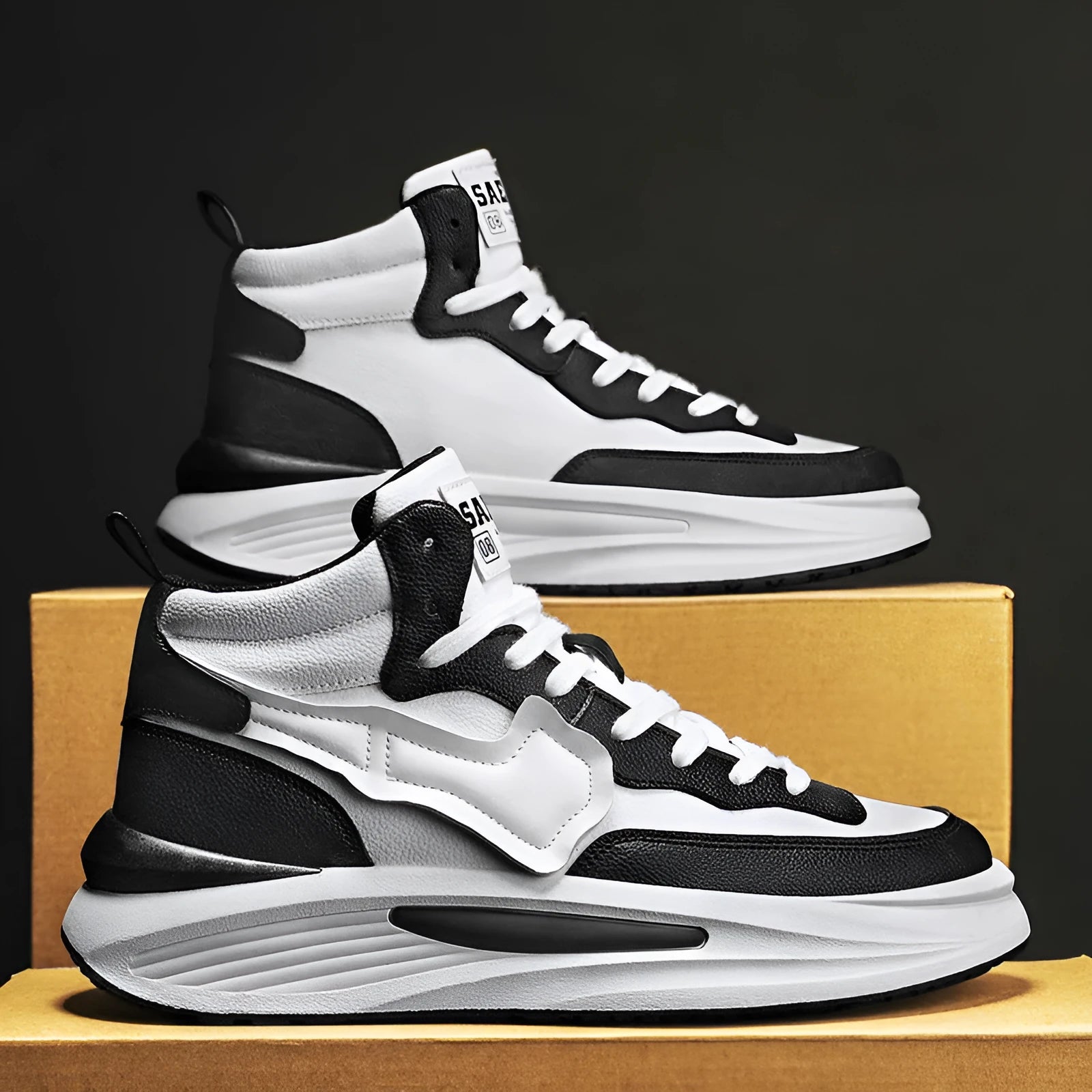 Men's black and white platform high-top board shoes with round toe artificial PU uppers