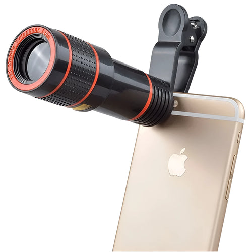12X magnification black phone telescope lens with adjustable mounting clip on a smartphone