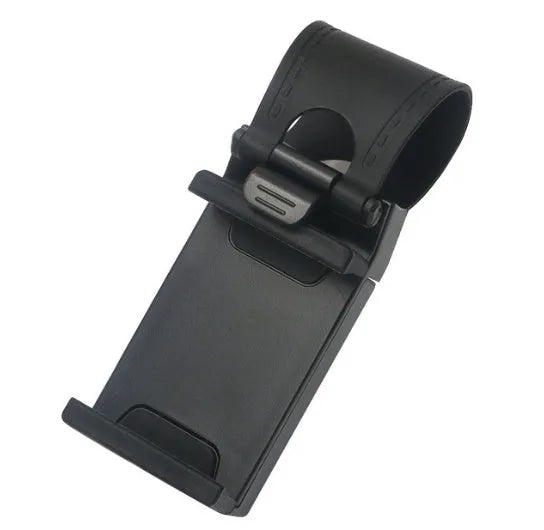 Black universal car steering wheel clip mount holder holding a mobile phone.