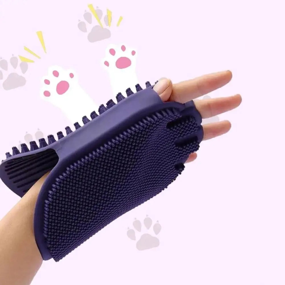 Purple massaging pet shampoo brush with soft TPR bristles for dog grooming