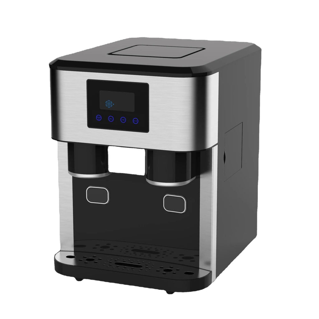 Black desktop ice maker with ice crushing and cold water functions on countertop