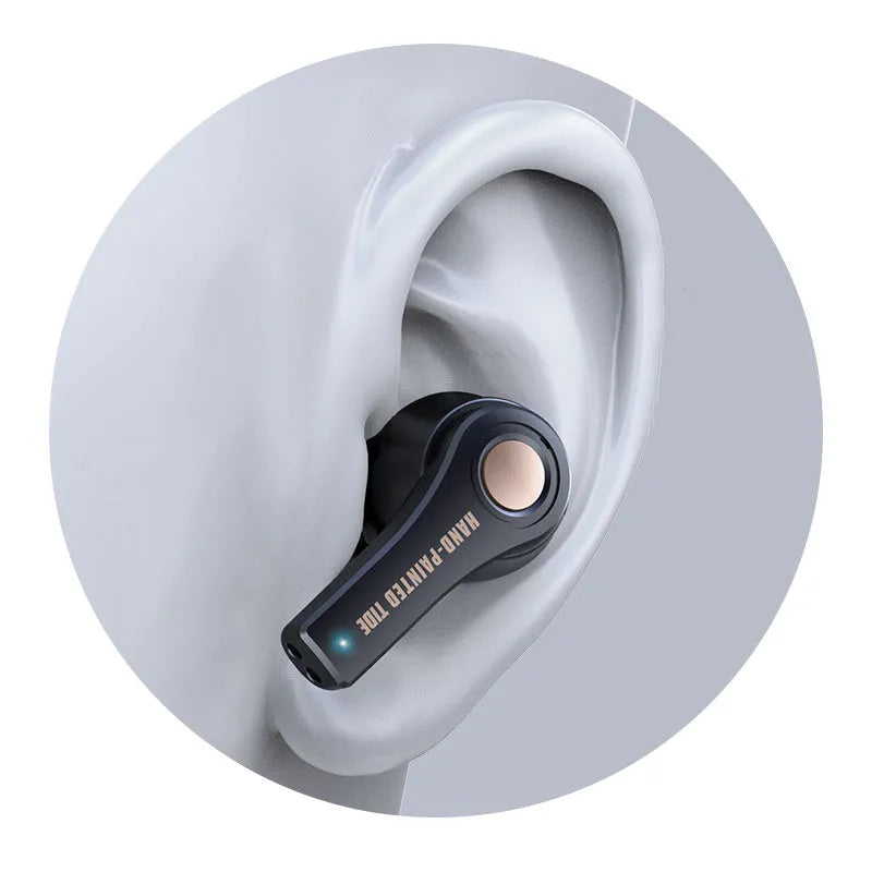 Black and white wireless Bluetooth headset with over-ear design showing multi-point connection and 18-metre range.