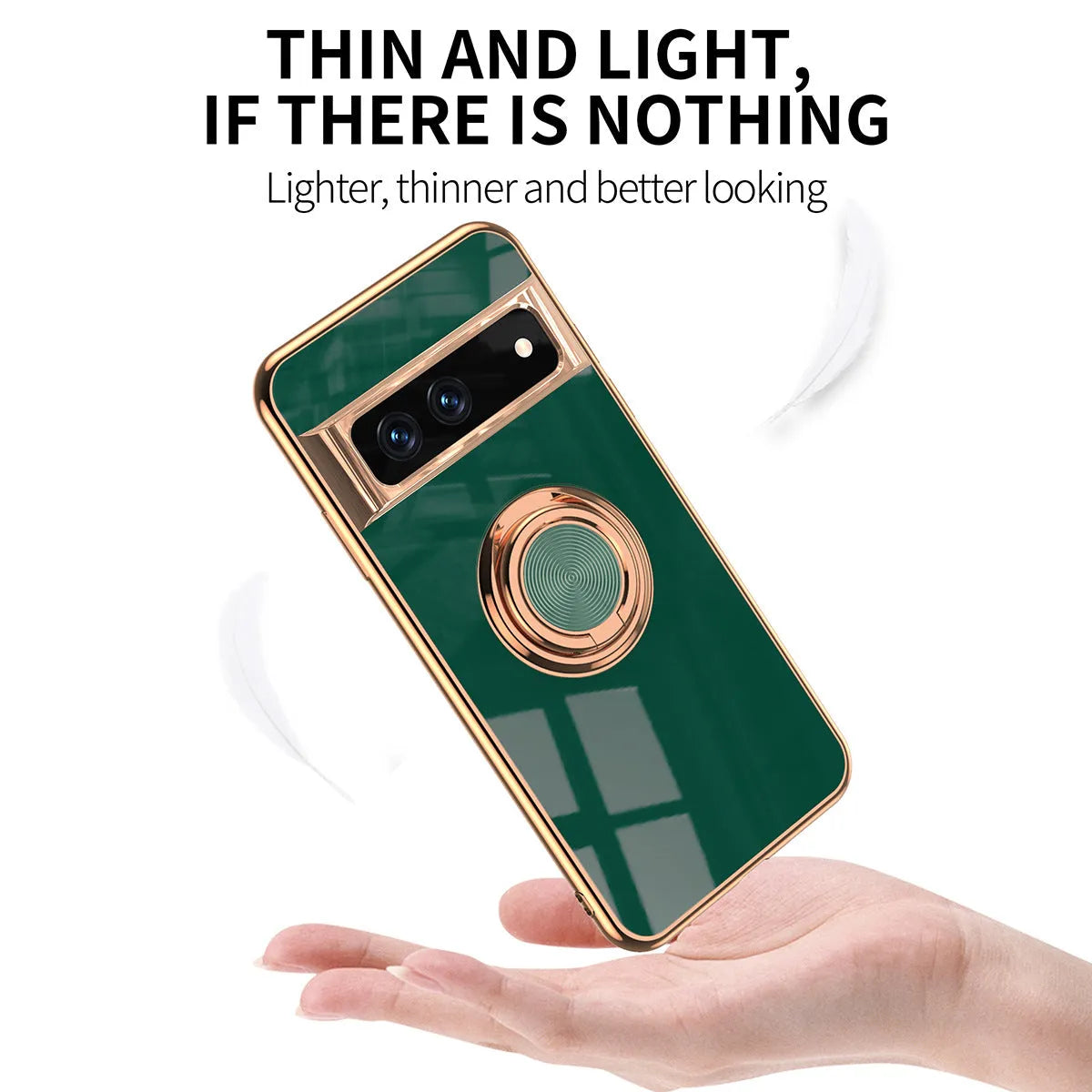 Rotating ring phone case for Google Pixel in electroplated TPU with bracket and anti-fall function, shown in black