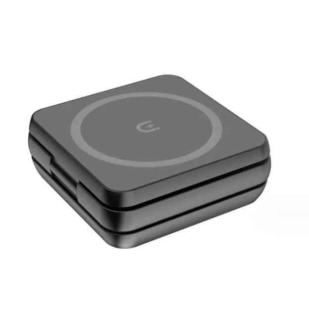 Three-in-one desktop wireless charging bracket unfolded on desk with iPhone, Samsung phone, and Google Pixel Watch positioned for charging