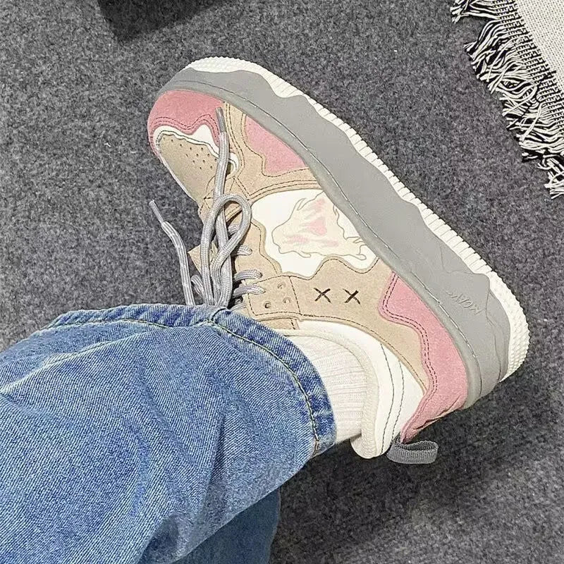 Pink retro student sneakers for women with artificial pu upper and rubber sole