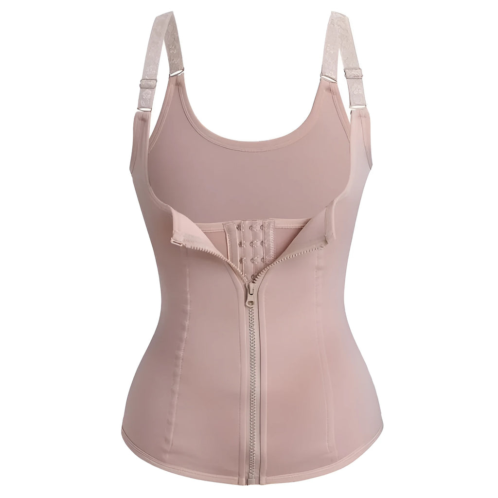 Adjustable zipper waist shaper and trimmer in black, size S, with front zip closure and stretch fabric.