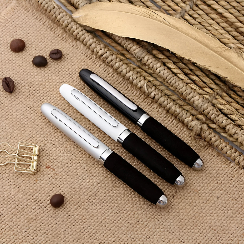 EVA metal cap mini ballpoint pen showing 112mm length and 1.0mm bullet tip with seven refill colour options