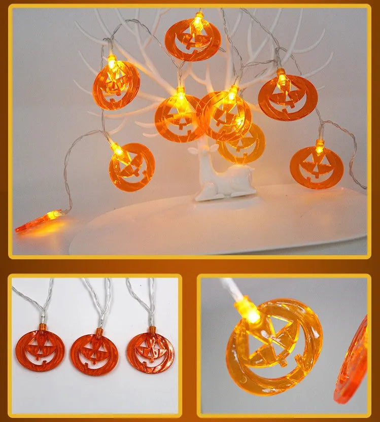 Halloween LED string lights with bat, pumpkin, ghost and spider pendants on a 1.2 metre battery-powered string