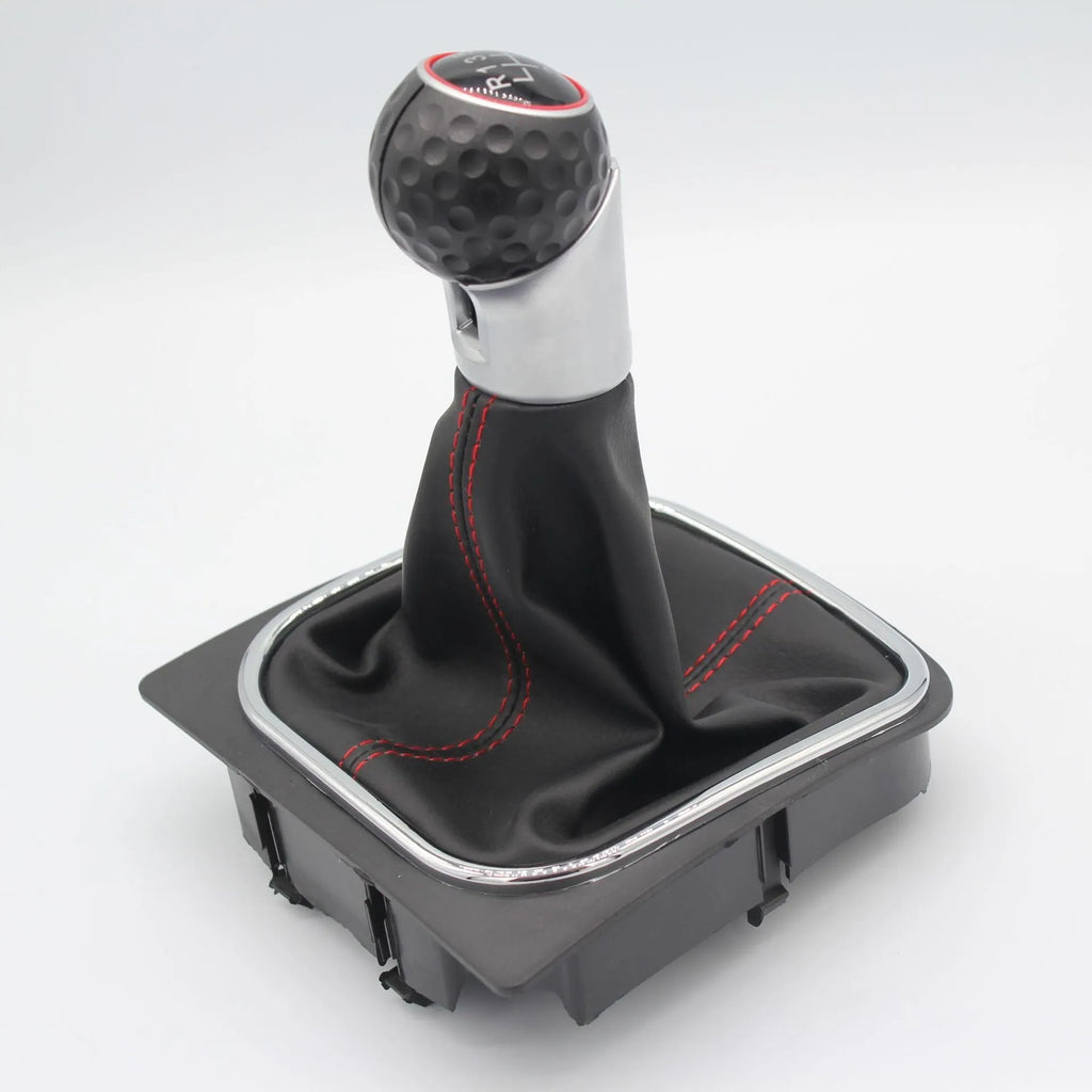 Leather gear knob and dust boot replacement part for Volkswagen Golf 5, Golf 6, and Golf 7 models.