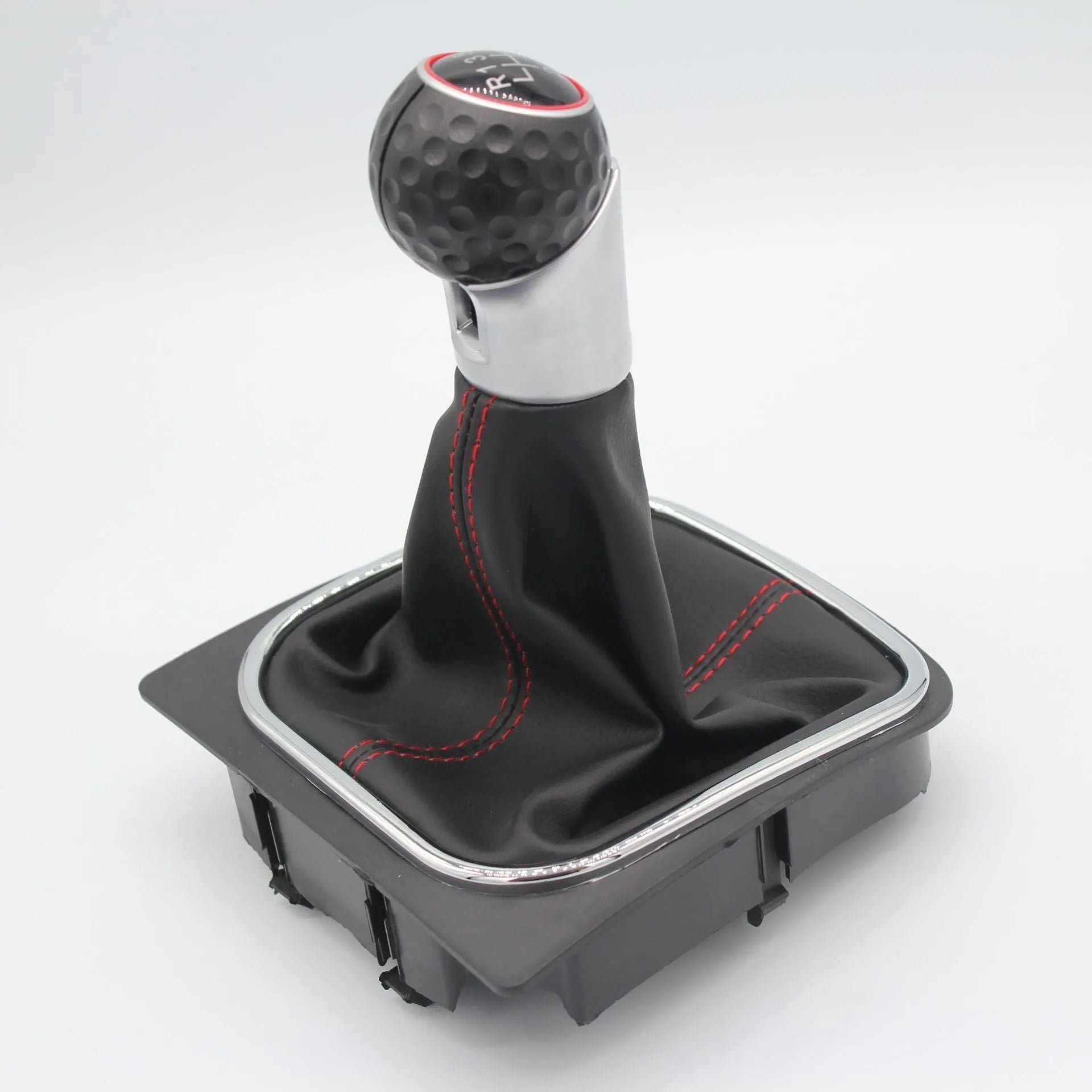Leather gear knob and dust boot replacement part for Volkswagen Golf 5, Golf 6, and Golf 7 models.