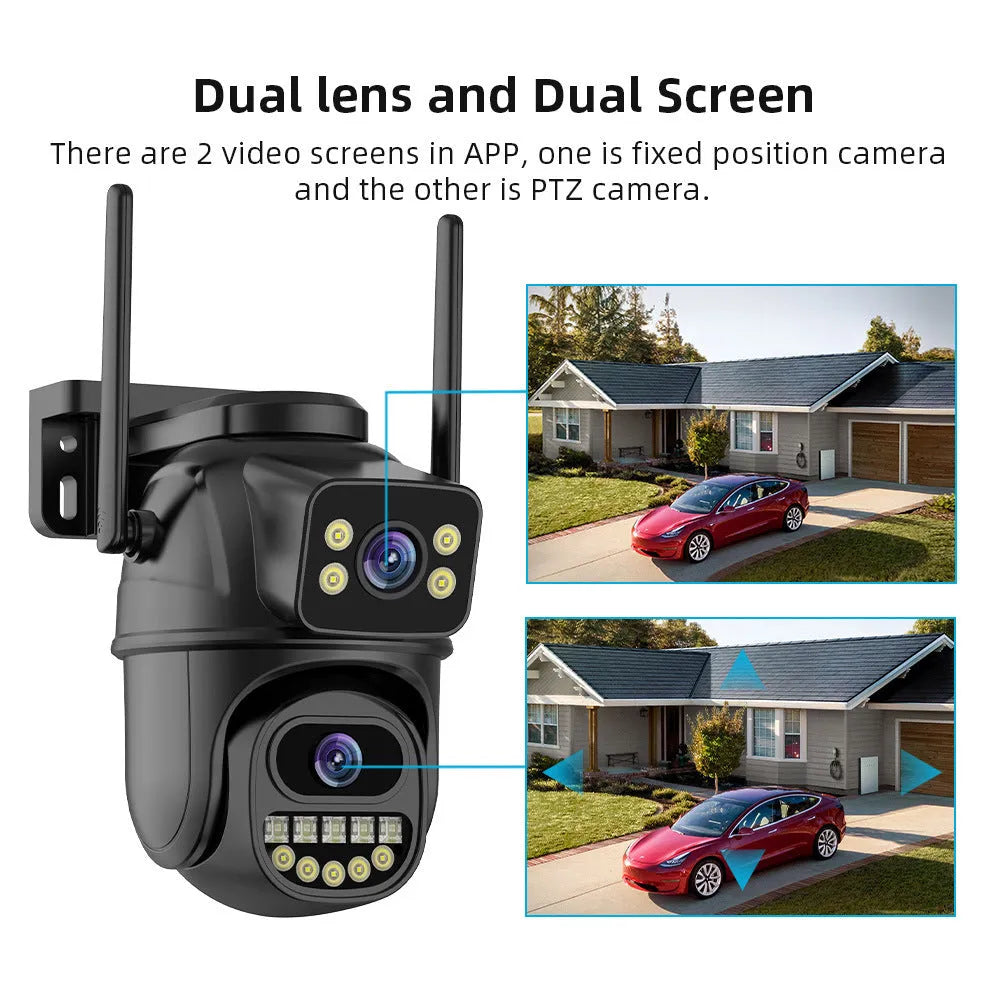 Black wireless surveillance camera with dual-channel humanoid tracking and hoistable bracket, 18.3 x 15.8 x 10.8 cm