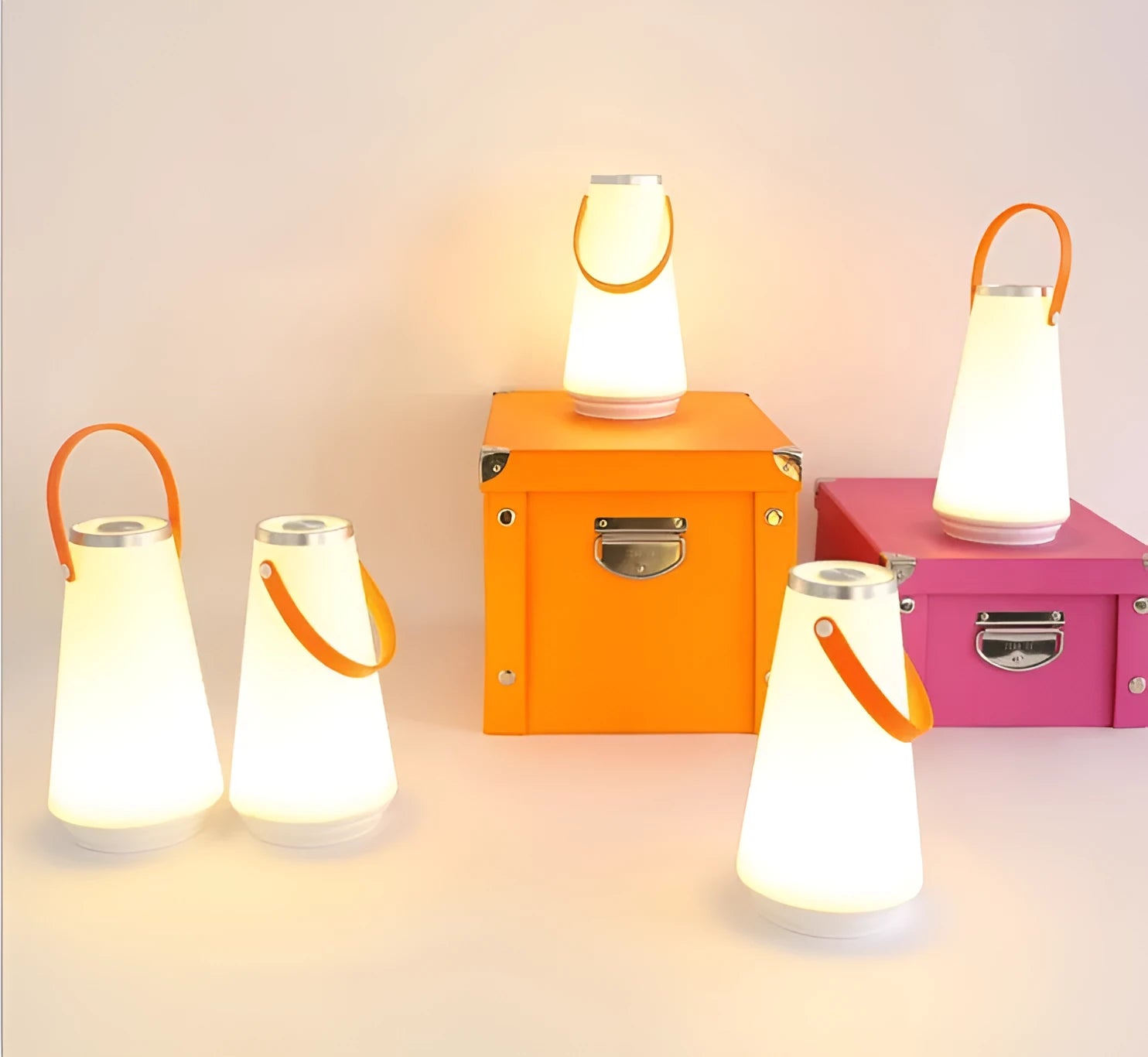 White rechargeable LED bedside night light with touch control on a wooden table.