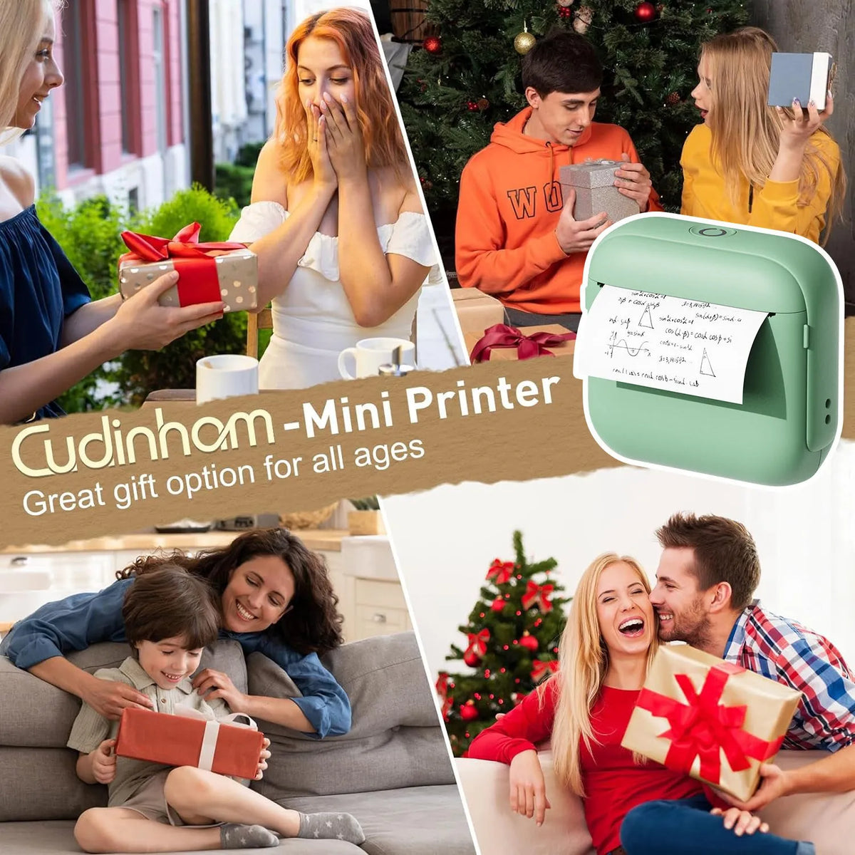 Mini HD Bluetooth thermal printer, 85 x 35 x 80mm, Beige Green Purple, label printing