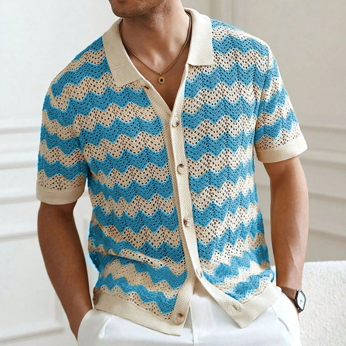 American-style hollow jacquard corrugated short sleeve summer sweater in yellow, blue, or brown colours