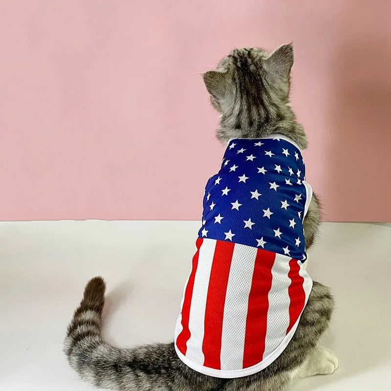 Independence Day pet vest in thin breathable polyester, sizes XS to XL, USA star and stripe prints
