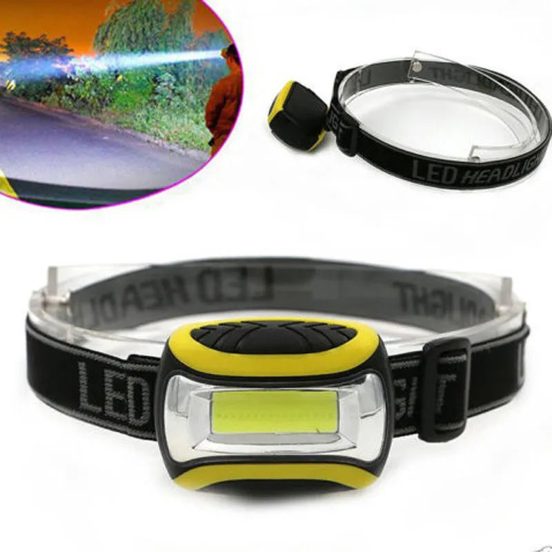 Yellow plastic headlamp with three-speed settings for hands-free outdoor and work lighting