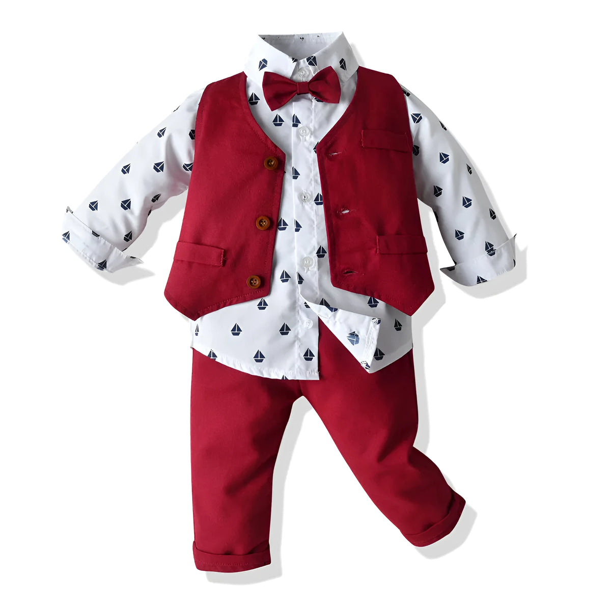 Boys red cotton three-piece suit set with long-sleeved shirt, single-breasted vest, and pants