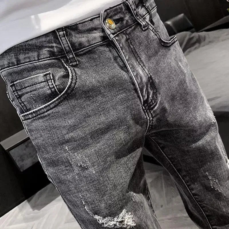 New Youth all-matching high-grade denim trousers for men high waist button fly cotton