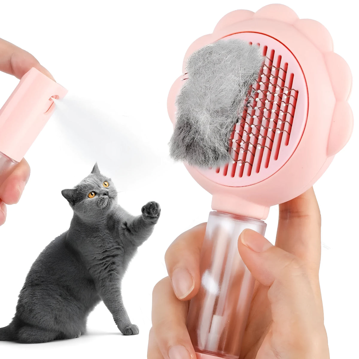 Grey spray cat brush with release button for pet grooming and shedding control