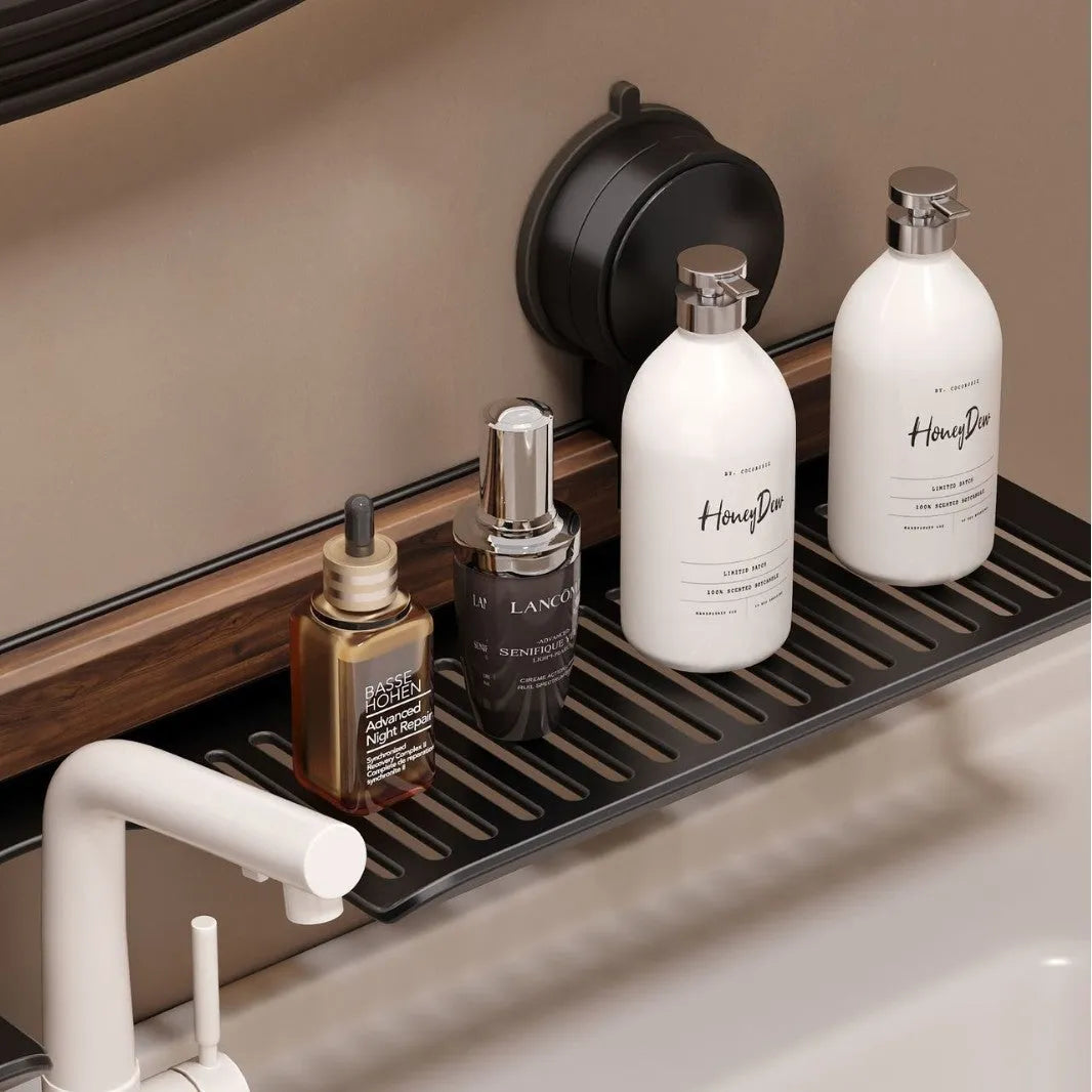 Aluminium alloy faucet hanging rack in black or milky white, over sink shelf, 40cm to 80cm widths