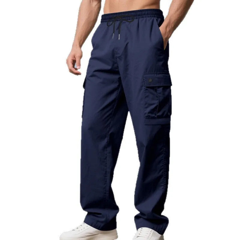Men's multi-pocket cargo pants in dark grey, loose straight-leg, mid waist, polyester