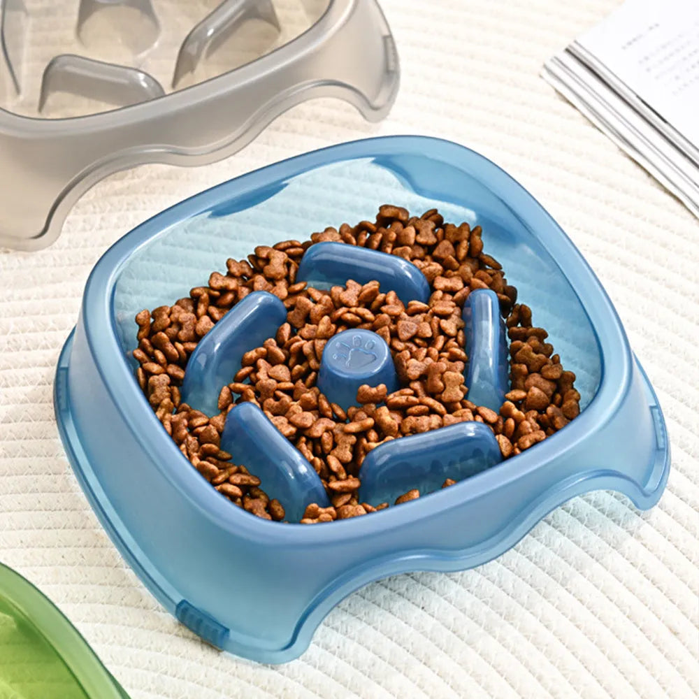 Plastic slow feeder dog bowl with maze pattern design in blue colour for anti-choking feeding