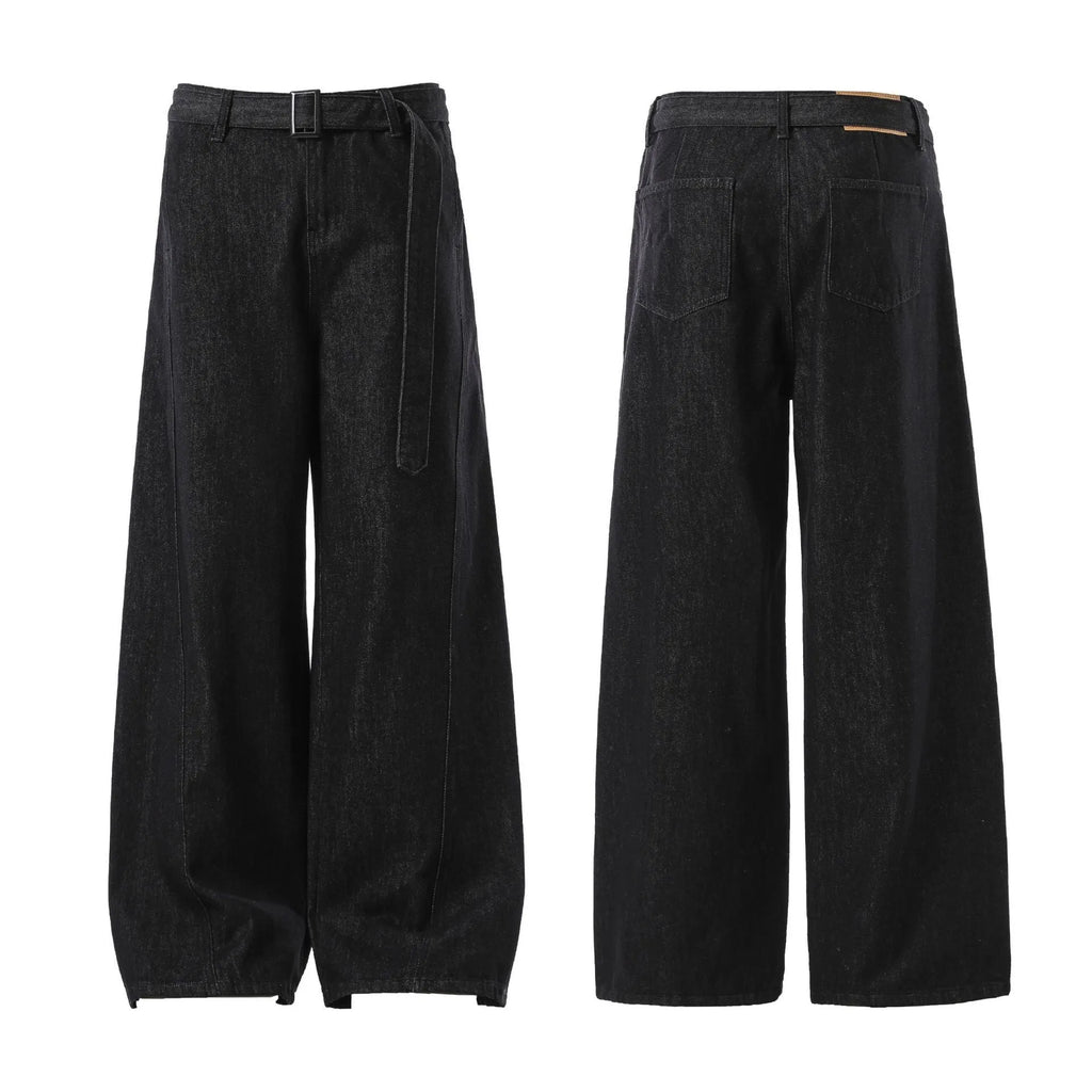 Black women's high waist straight leg jeans with gold detailing on a mannequin, showing the zip fly and classic denim cut.