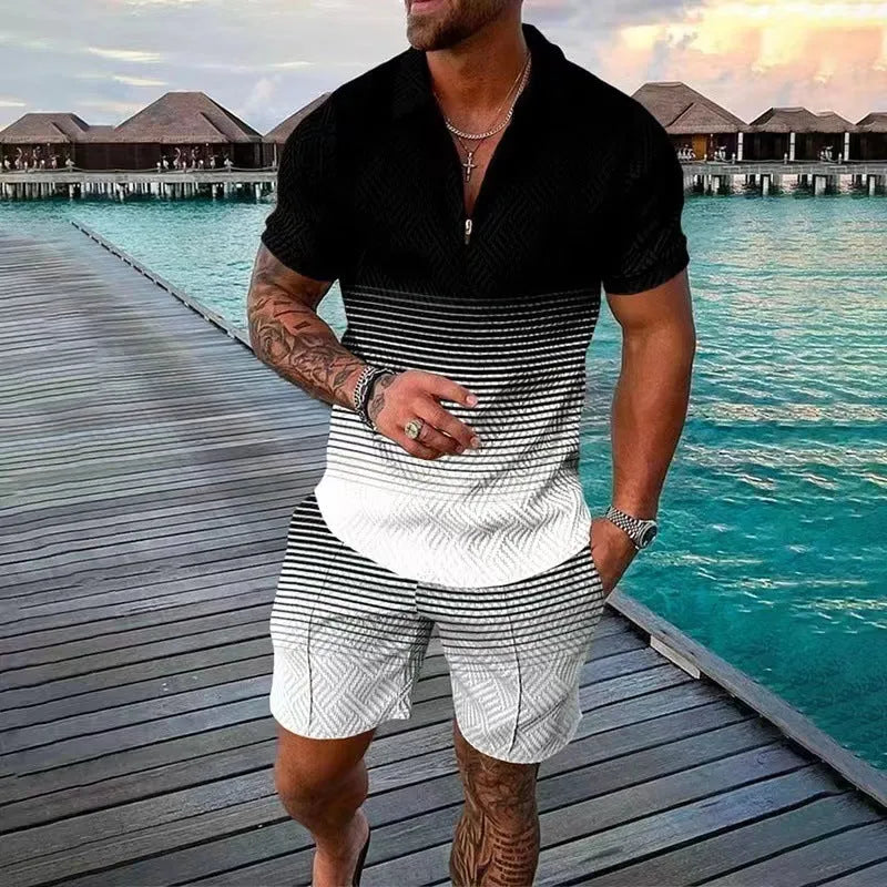 Men's summer casual suit with short sleeve polyester T-shirt and shorts in blue colour