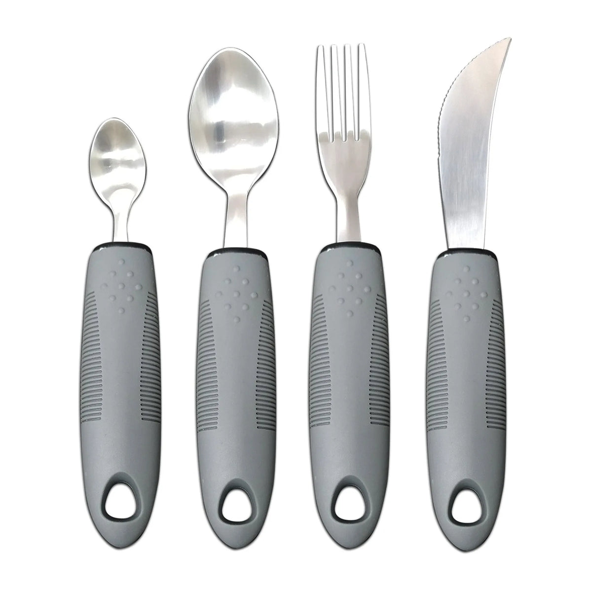 Anti-shake adaptive tableware set with stainless steel utensils and rubber handle grips