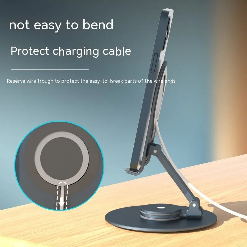 Alloy desktop rotary stand for mobile phone and tablet with wireless charging, in silver colour