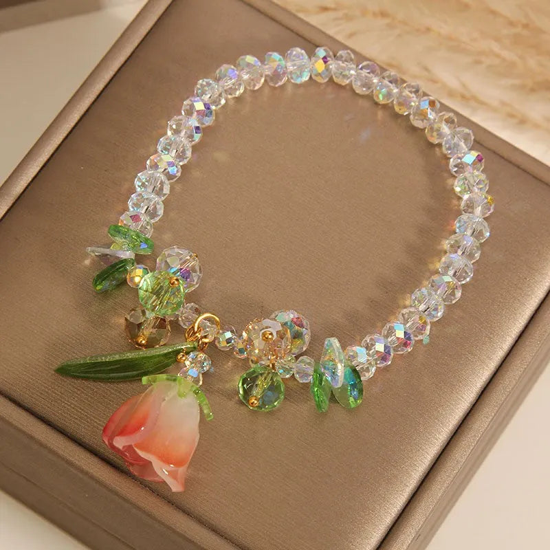 Lily Crystal Bracelet in pink artificial crystal with Japan South Korea style design