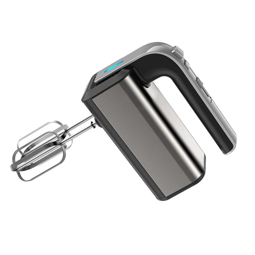 Silver handheld electric whisk with five speed settings and stainless steel beaters
