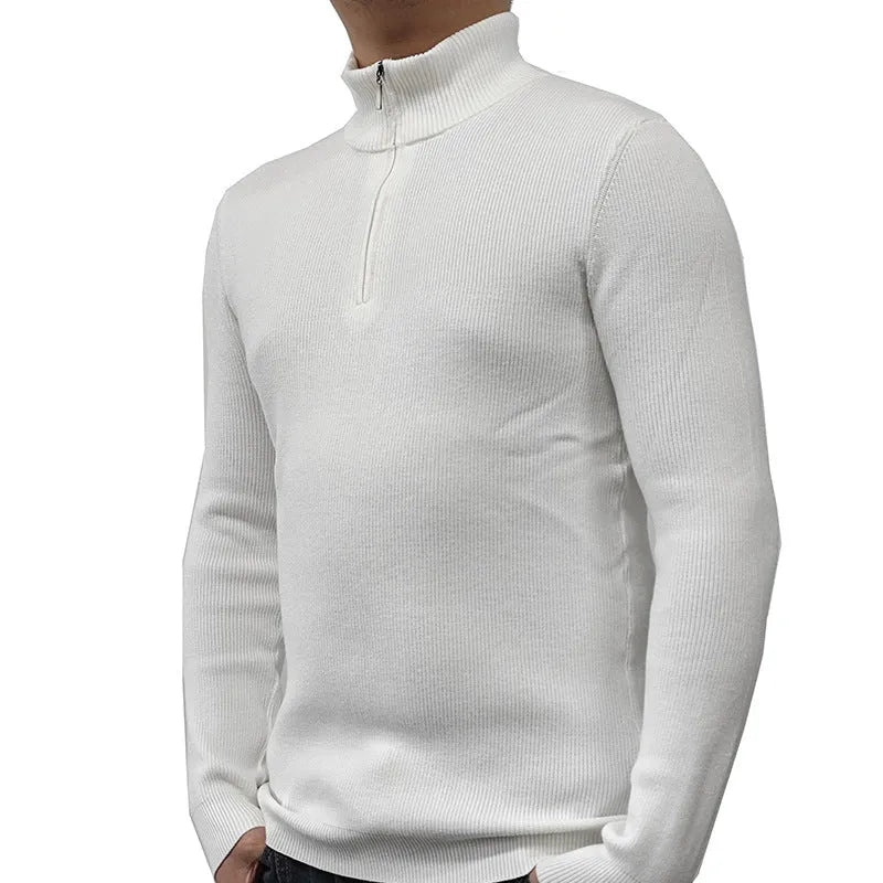Men's black half-turtleneck zipper sweater with long sleeves on a grey background