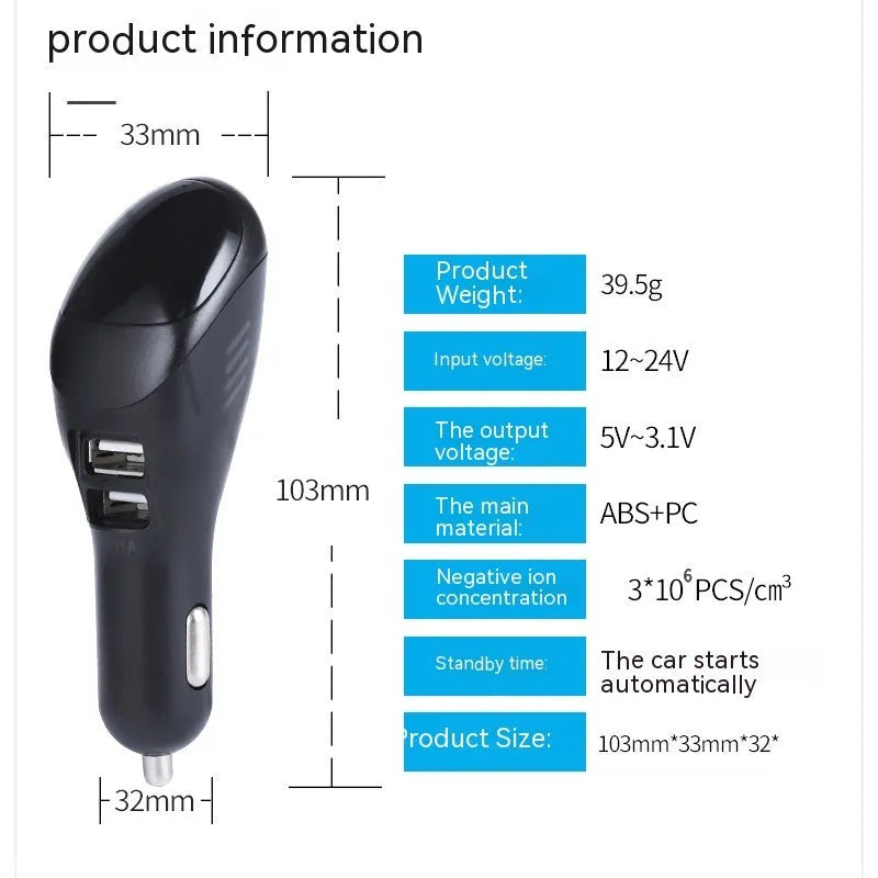White car USB charger and air purifier combo device with negative ion generator.