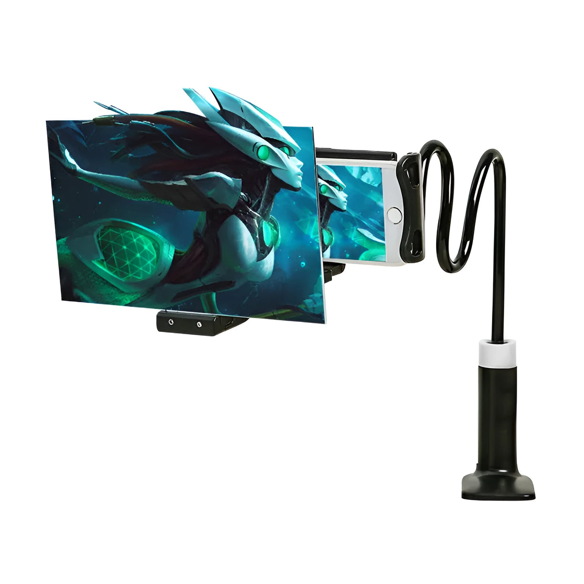 Black adjustable mobile phone stand with 12-inch acrylic screen amplifier display on 360-degree rotating bracket