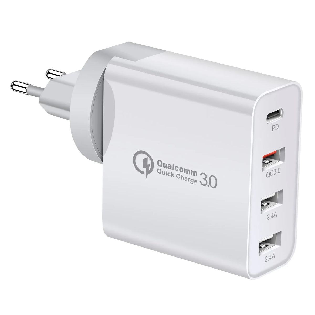 Black 48W four-port USB-C wall charger with multiple international plug adapters