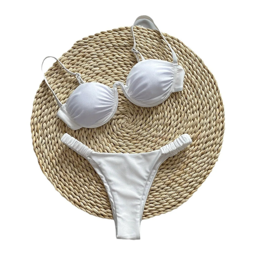 Women's underwire bikini swimsuit in khaki colour with sleeveless briefs style